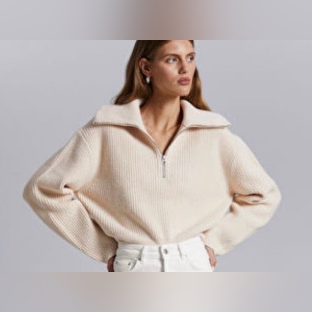 & Other Stories Ribbed Half Zip Knit Sweater Cream Color Women's XS Wool